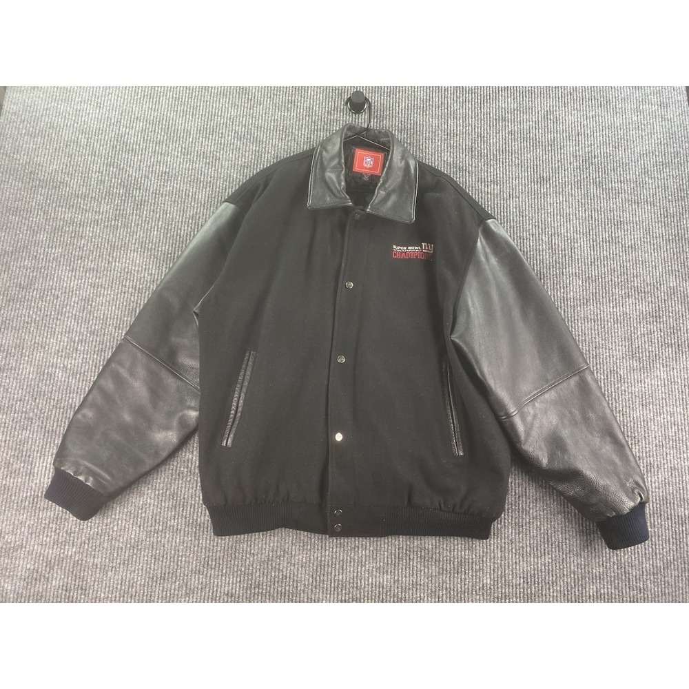 New York Giants Leather Jacket Men XXL Black Wool Superbowl Champions XLII GIII
